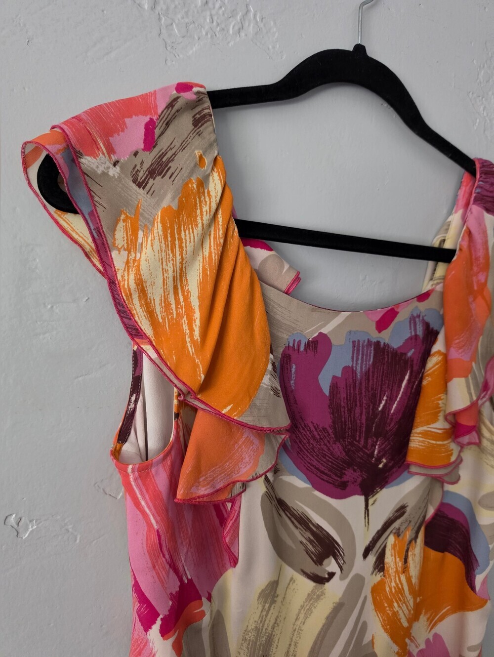 BCBG Sill Floral Ruffle Neck Sleeveless Dress in Pink & Orange - Picture 3 of 8